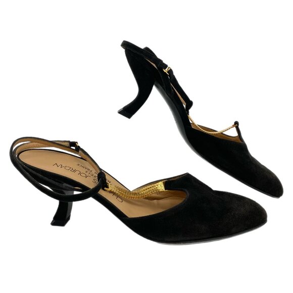 Charles Jourdan Black Gold Suede Pointed Toe Heels | Size 7.5 - Picture 1 of 10